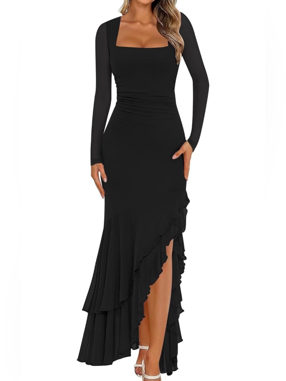 NWOT Black Ruched Mesh Maxi Dress XL Square Neck Long Sleeve Ruffle Slit - Picture 3 of 8